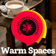 Image of Warm Spaces logo and a tempting cup of tea, with biscuit.